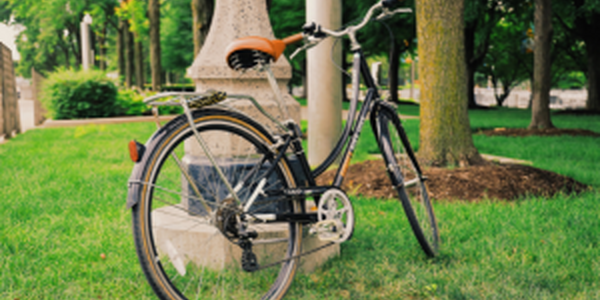 Bicycle propped against light post in the grass at park 